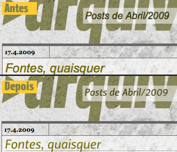 Os títulos do site, antes (com fontes do sistema) e depois (com fonte gerada pelo Cufón)