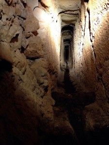 Um túnel estreito e comprido, iluminado na parte superior, se estende até se perder de vista. Suas paredes são de rocha levemente irregular.