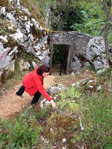 A guia do parque estica o braço para tocar as folhas das plantas a seu redor. No fim do caminho de terra, descendo alguns degras, uma parede de pedra barra o caminho. Um portão de grade permite a passagem pela parede. 